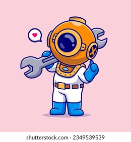 Cute Diver Handyman Holding Wrench Cartoon Vector Icon Illustration. Science Object Icon Concept Isolated Premium Vector. Flat Cartoon Style