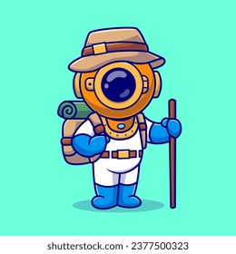 Cute Diver Hiking with Backpack Cartoon Vector Icon Illustration. Science Nature Icon Concept 
Isolated Premium Vector. Flat Cartoon Style
