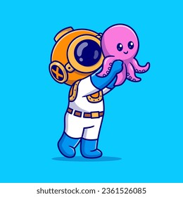 Cute Diver Holding Baby Octopus Cartoon Vector Icon Illustration. Science Animal Icon Concept Isolated Premium Vector. Flat Cartoon Style