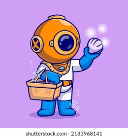 Cute Diver Holding Basket And Shell Cartoon Vector Icon Illustration. Science Nature Icon Concept Isolated Premium Vector. Flat Cartoon Style