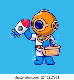 Cute Diver Holding Basket With Submarine Toy Cartoon Vector Icon Illustration. Science Technology Icon Concept Isolated Premium Vector. Flat Cartoon Style