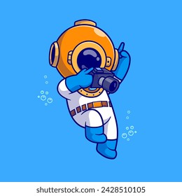 Cute Diver Holding Camera Cartoon Vector Icon Illustration. Science Technology Icon Concept Isolated Premium Vector. Flat Cartoon Style