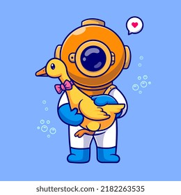 Cute Diver Holding Duck Cartoon Vector Icon Illustration. Science Animal Icon Concept Isolated Premium Vector. Flat Cartoon Style