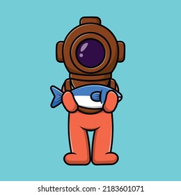 Cute Diver Holding Fish Cartoon Vector Icon Illustration. Science Nature Flat Cartoon Concept