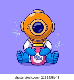 Cute Diver Holding Fish Jam Jar Cartoon Vector Icon Illustration. Science Nature Icon Concept Isolated Premium Vector. Flat Cartoon Style