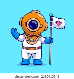 Cute Diver Holding Shell Flag Cartoon Vector Icon Illustration. Science Nature Icon Concept Isolated Premium Vector. Flat Cartoon Style