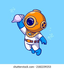 Cute Diver Sostengo El Shell En La Ilustración Del Icono Del Vector De Caricatura Oceánica. Concepto de icono de la naturaleza de la ciencia Vector Premium aislado. Estilo de dibujo plano