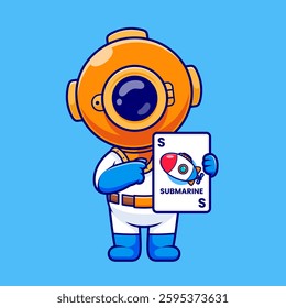 Cute Diver Holding Submarine Card Game Cartoon Vector Icon Illustration. Science Holiday Icon Concept Isolated Premium Vector. Flat Cartoon Style
