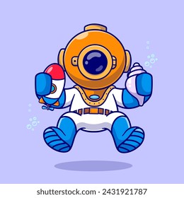 Cute Diver Holding Submarine And Shell Cartoon Vector Icon Illustration. Science Transportation Icon Concept Isolated Premium Vector. Flat Cartoon Style