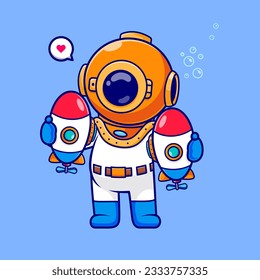 Cute Diver Holding Submarine Toy Cartoon Vector Icon Illustration. Science Transportation Icon Concept Isolated Premium Vector. Flat Cartoon Style