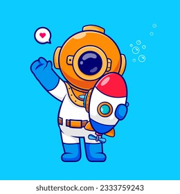 Cute Diver Holding Submarine Toy Cartoon Vector Icon Illustration. Science Technology Icon Concept Isolated Premium Vector. Flat Cartoon Style