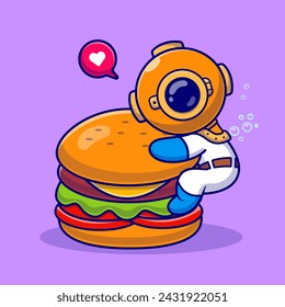 Cute Diver Hug Burger Cartoon Vector Icon Illustration. Science Food Icon Concept Isolated Premium Vector. Flat Cartoon Style