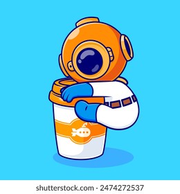 Cute Diver Hug Coffee Cup Cartoon Vector Icon Illustration. Science Drink Icon Concept Isolated Premium Vector. Flat Cartoon Style