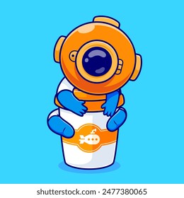 Cute Diver Hug Coffee Cup Cartoon Vector Icon Illustration. Science Drink Icon Concept Isolated Premium Vector. Flat Cartoon Style