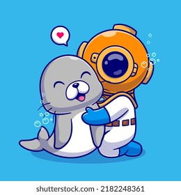 Cute Diver Hug Seals Cartoon Vector Icon Illustration. Science Animal Icon Concept Isolated Premium Vector. Flat Cartoon Style