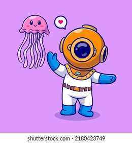 Buceador Cuto Con Ilustración Del Icono Del Vector De Caricatura De Jellyfish. Concepto de icono animal de ciencia Vector Premium aislado. Estilo de dibujo plano