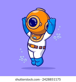 Cute Diver Jumping Cartoon Vector Icon Illustration. Science Nature Icon Concept Isolated Premium Vector. Flat Cartoon Style