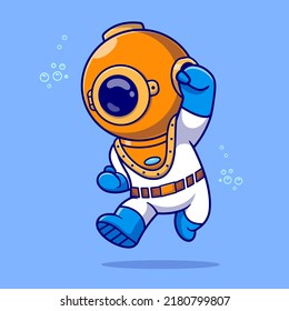 Cute Diver Jumping In Ocean Cartoon Vector Icon Illustration. Science  Nature Icon Concept Isolated Premium Vector. Flat Cartoon Style