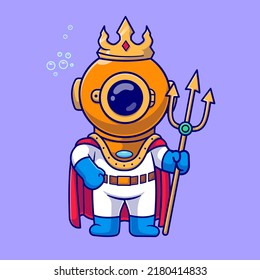 Cute Diver King With Crown And Trident Cartoon Vector Icon Illustration. Science Nature Icon Concept Isolated Premium Vector. Flat Cartoon Style