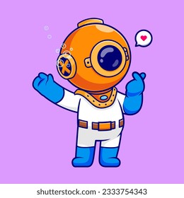 Cute Diver Korean Love Heart Sign Cartoon Vector Icon Illustration. Science Holiday Icon Concept Isolated Premium Vector. Flat Cartoon Style