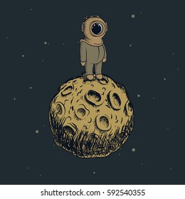 Cute diver like a astronaut standing on the moon and looking into the infinity.Childish vector illustration.Retro character design