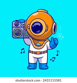 Cute Diver Listening Music With Boombox Cartoon Vector Icon Illustration. Science Music Icon Concept Isolated Premium Vector. Flat Cartoon Style