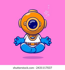 Ilustración del icono del vector de la historieta del yoga de la meditación del buzo lindo. Icono de ciencia deporte concepto aislado Vector Premium. Estilo plano de dibujos animados