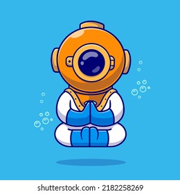 Cute Diver Meditación Yoga En El Icono Vector De Caricaturas Oceánicas Ilustración. Concepto de icono de la naturaleza de la ciencia Vector Premium aislado. Estilo de dibujo plano