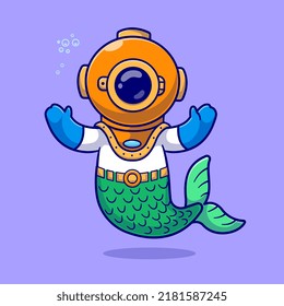 Cute Diver Mermaid Cartoon Vector Icon Illustration. Science  Nature Icon Concept Isolated Premium Vector. Flat Cartoon Style