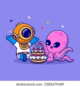 Cute Diver And Octopus Birthday Party With Cake Cartoon
Vector Icon Illustration Science Animal Icon Concept Isolated
Premium Vector. Flat Cartoon Style