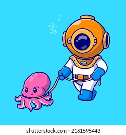 Cute Diver With Octopus Cartoon Vector Icon Illustration. Science Animal Icon Concept Isolated Premium Vector. Flat Cartoon Style