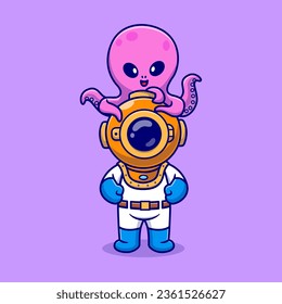 Cute Diver with Octopus Cartoon Vector Icon Illustration. Science Animal Icon Concept Isolated Premium Vector. Flat Cartoon Style