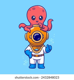 Cute Diver With Octopus Cartoon Vector Icon Illustration. Science Animal Icon Concept Isolated Premium Vector. Flat Cartoon Style