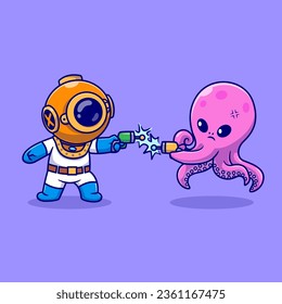 Cute Diver y Octopus Luchando con la Ilustración del Vector de Caricaturas de Armas Espaciales. Concepto de icono animal de ciencia Vector Premium aislado. Estilo de dibujo plano
