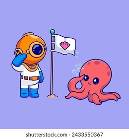 Cute Diver And Octopus Respect Pearl Shell Flag Cartoon Vector Icon Illustration. Science Animal Icon Concept Isolated Premium Vector. Flat Cartoon Style