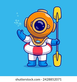 Cute Diver With Paddle And Swimming Tires Cartoon Vector Icon Illustration. Science Sport Icon Concept Isolated Premium Vector. Flat Cartoon Style