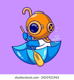 Cute Diver Paddling On Umbrella Cartoon Vector Icon Illustration. Science Nature Icon Concept Isolated Premium Vector. Flat Cartoon Style