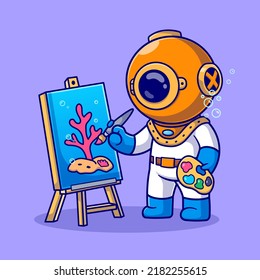 Cute Diver Painting Coral In Ocean Cartoon Vector Icon Illustration. Science Nature Icon Concept Isolated Premium Vector. Flat Cartoon Style