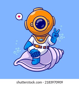 Cute Diver Peace Hand auf Shell Cartoon Vektorsymbol Illustration. Science Nature Icon Concept Isolated Premium Vector. Flachbildkartonstil