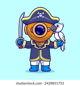 Cute Diver Pirate Holding Sword With Bird Cartoon Vector Icon Illustration. Science Animal Icon Concept Isolated Premium Vector. Flat Cartoon Style