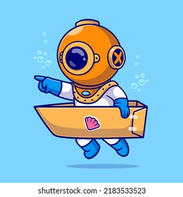 Cute Diver Playing With Cardboard Boat In Ocean Cartoon Vector Icon Illustration. Science Nature Icon Concept Isolated Premium Vector. Flat Cartoon Style