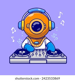 Cute Diver Playing Dj Electronic Music With Headphone
Cartoon Vector Icon Illustration. Science Music Icon Concept
Isolated Premium Vector. Flat Cartoon Style