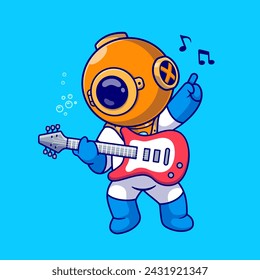 Cute Diver Playing Electric Guitar Cartoon Vector Icon Illustration. Science Music Icon Concept Isolated Premium Vector. Flat Cartoon Style