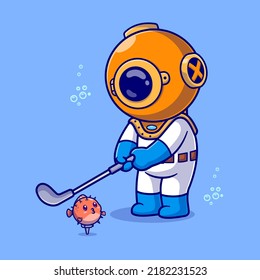 Cute Diver Golf spielen mit Puffer Fisch Cartoon Vektorgrafik Illustration. Science Sport Icon Konzept isoliert Premium Vektorgrafik. Flachbildkartonstil