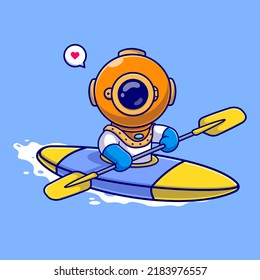 Cute Diver Playing Kayak Cartoon Vector Icon  Illustration. Science Sport Icon Concept Isolated Premium Vector. Flat Cartoon Style