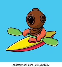 Cute Diver Playing Kayak Cartoon Vector Icon Illustration. Science Sport Flat Cartoon Concept