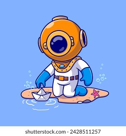 Cute Diver Playing Paper Boat In Beach Cartoon Vector Icon Illustration. Science Holiday Icon Concept Isolated Premium Vector. Flat Cartoon Style