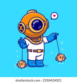 Cute Diver Playing Puffer Fish Yoyo Cartoon Vector Icon Illustration. Science Sport Icon Concept Isolated Premium Vector. Flat Cartoon Style