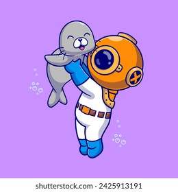 Cute Diver Playing With Seals Cartoon Vector Icon Illustration.
Science Animal Icon Concept Isolated Premium Vector. Flat
Cartoon Style