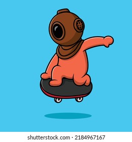 Cute Diver Playing Skateboard Cartoon Vector Icon Illustration. Science Sport Flat Cartoon Concept 
